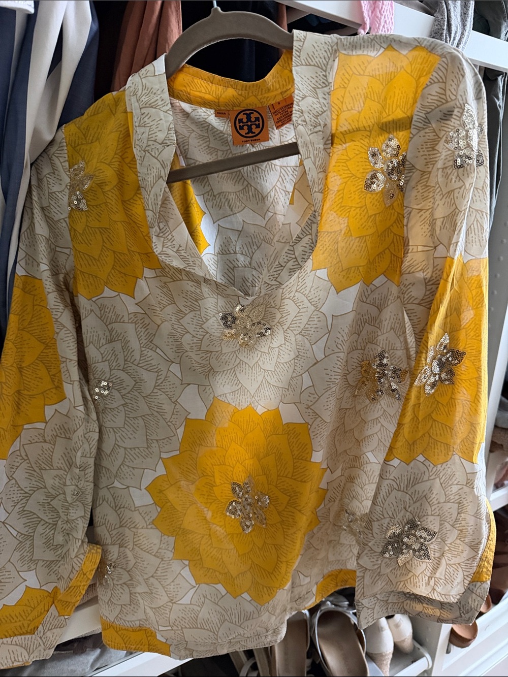 Tory Burch Yellow and Cream Floral Sequin Tunic Top